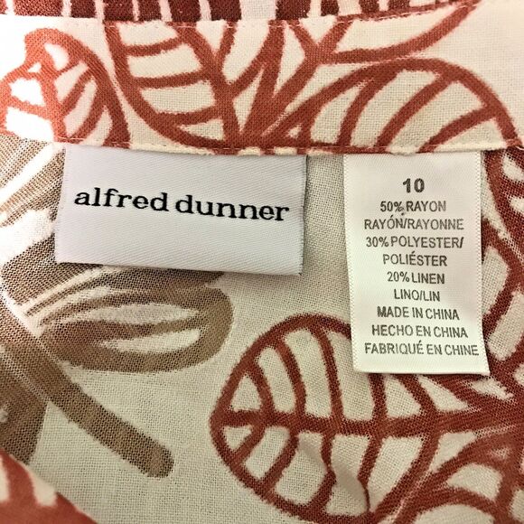 Alfred Dunner Women's 10 Cream Tan & Rust Sheer Blouse 3/4 Sleeve Button-Up Top - Picture 7 of 9